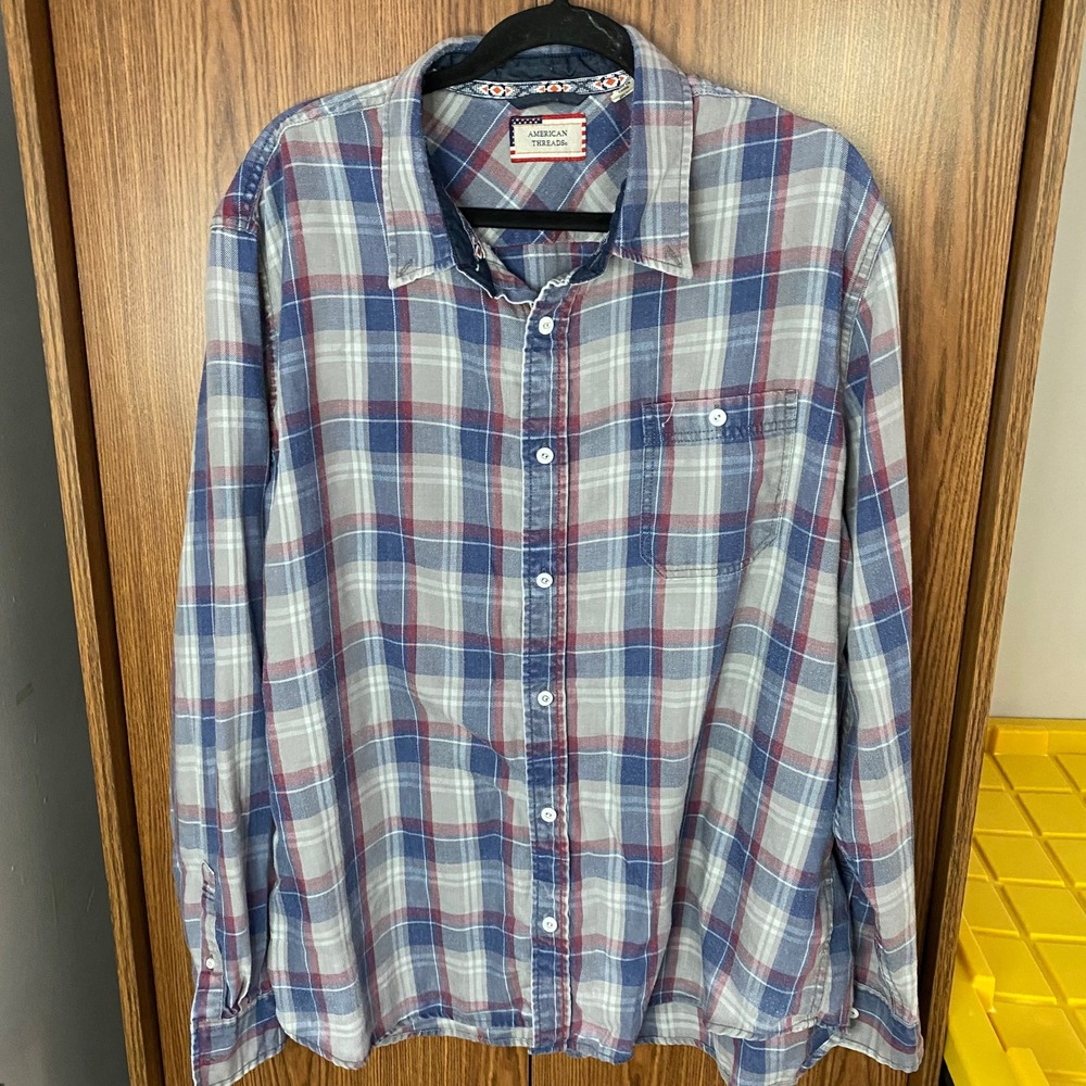 American Threads Button Down Shirt Mens XXL Blue Red Plaid Long Sleeve Pocket